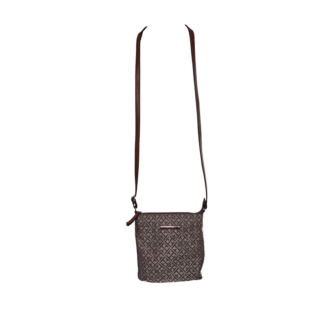 Tommy Hilfiger Monogram Crossbody Bag Brown Tan Logo Print Adjustable Strap